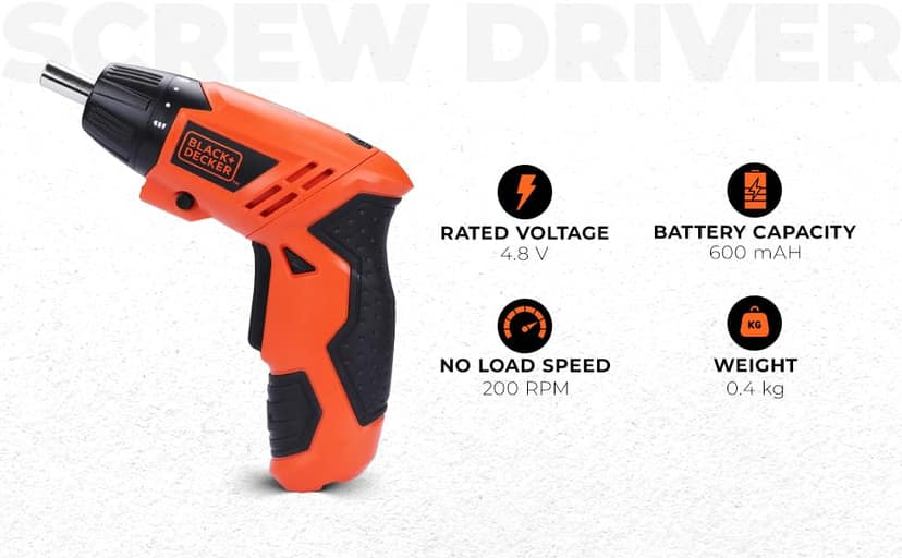 BLACK+DECKER KC4815-IN 4.8V 200 RPM Cordless Screwdriver Set Ni-Cd (Nickel-Cadmium) with LED Worklight, 15-pieces Screw Bits Set & Adjustable Torque for Home & DIY Use, 1 Year Warranty, ORANGE & BLACK view 3