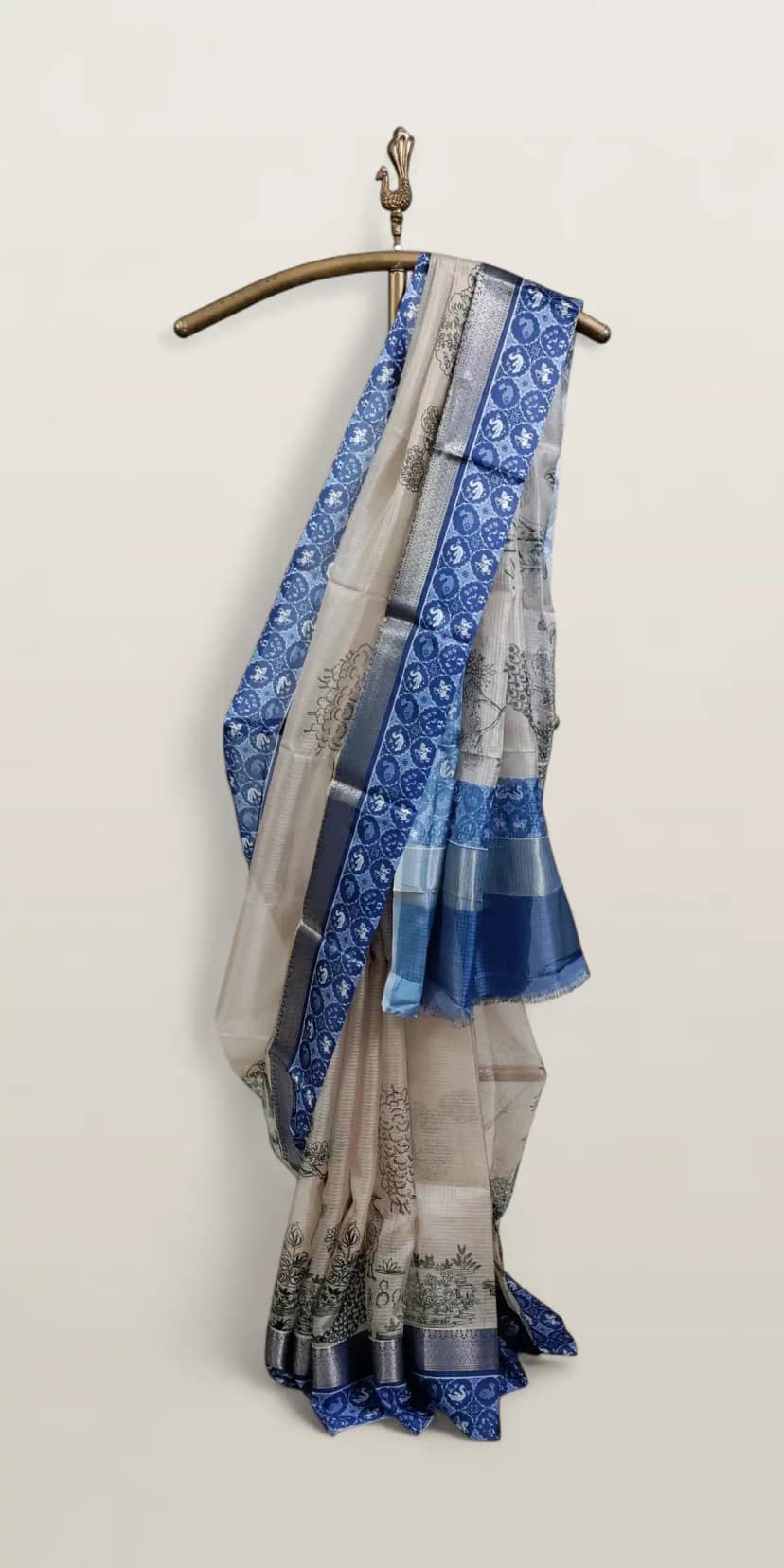 Kota Doria Cotton-Silk Saree with Peacock Block Print and Zari Border view 2