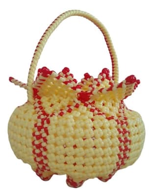Handcrafted Beaded Cream & Red Basket with Handle