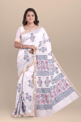 White Floral Pattern Handwoven Hand Block Print Sausar Silk Saree SKU-AS10024