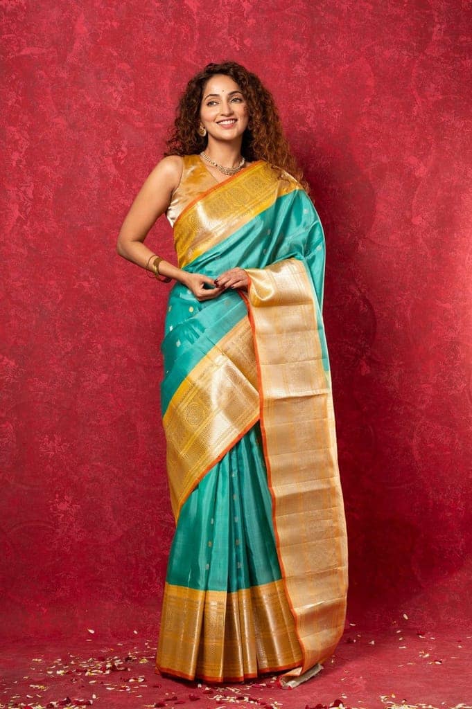 Gadwal Pure Silk Handloom Saree in Sea Green with Yellow Border (Limited Edition) view 2