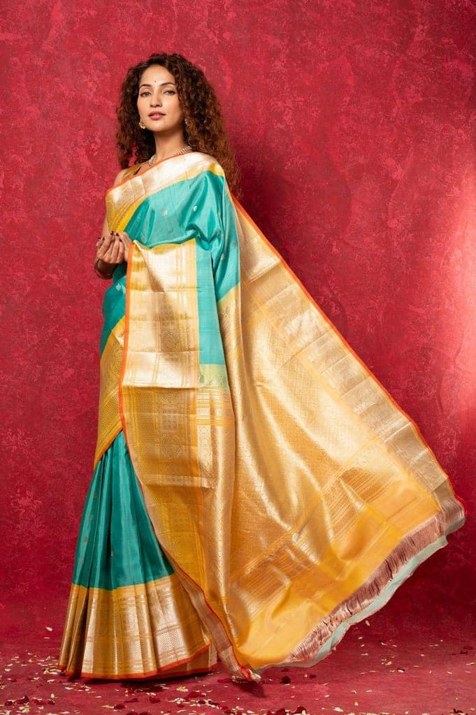 Gadwal Pure Silk Handloom Saree in Sea Green with Yellow Border (Limited Edition) view 3