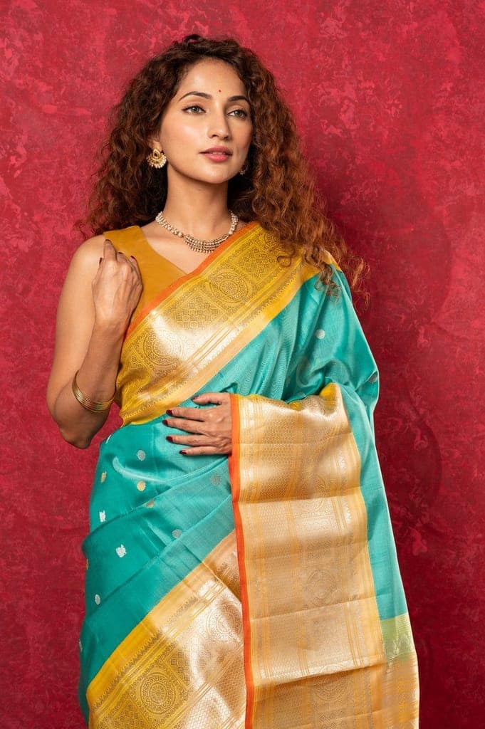 Gadwal Pure Silk Handloom Saree in Sea Green with Yellow Border (Limited Edition) view 5