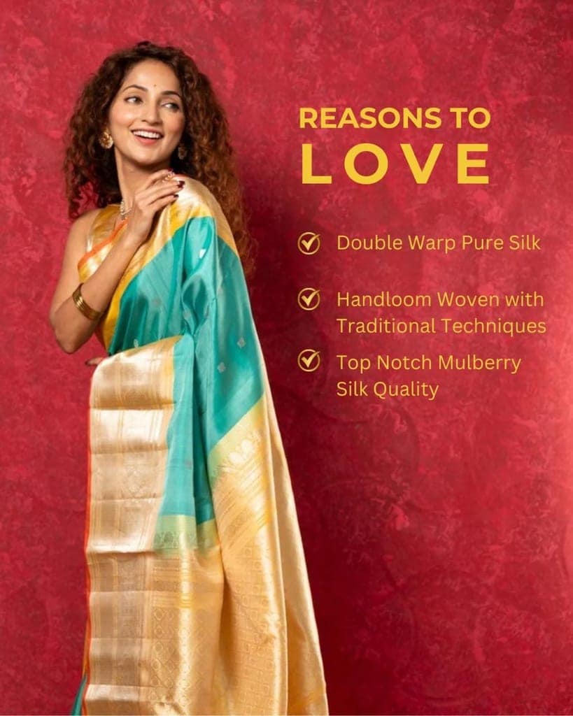 Gadwal Pure Silk Handloom Saree in Sea Green with Yellow Border (Limited Edition) view 7