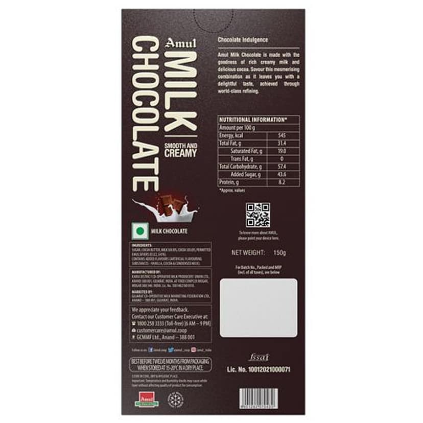 Amul Milk Chocolate - Smooth & Creamy, 150 G Carton view 2