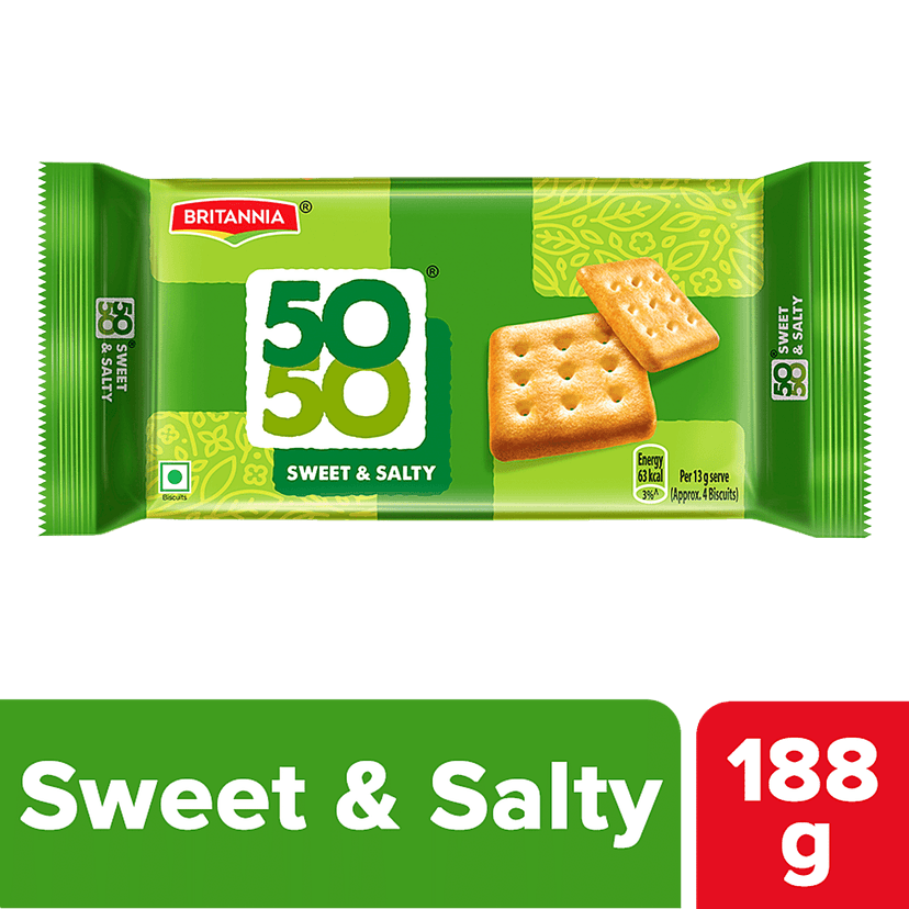 Britannia 50-50 Sweet & Salty Biscuit - Light, Crispy, Ready To Eat, 188 G