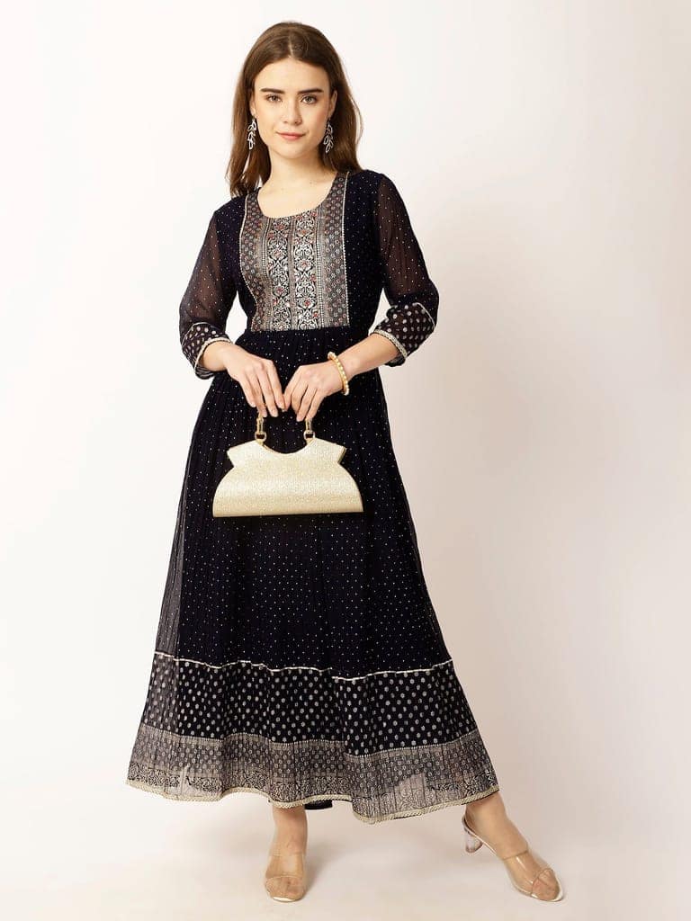 Ethnic Motifs Yoke Design Sequinned A-Line Kurta view 5
