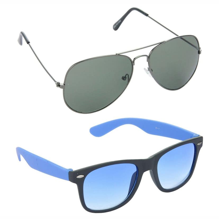 HRINKAR Men Women Boys & Girls Pilot & Rectangular Sunglasses Grey & Blue Frame, Green & Blue Lens (Medium) Pack of - 2