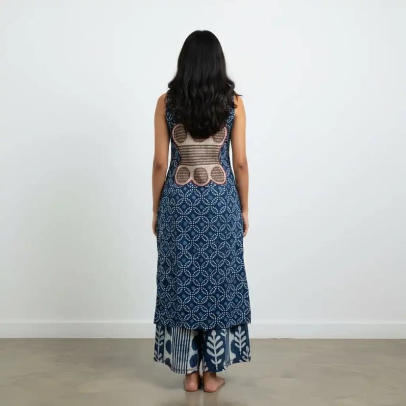 Navy Blue Handloom Cotton Co-Ord Set with Pockets and Hand Embroidery view 2