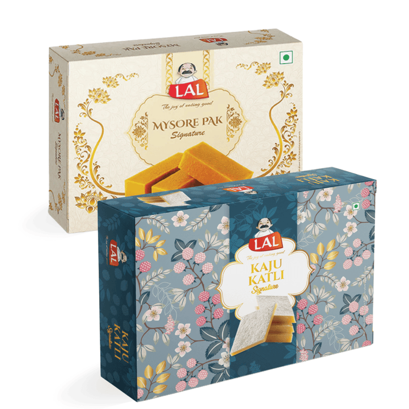 Lal Sweets Combo Pack of Mysore Pak Signature 400g and Kaju Katli 400g || Made with Fresh and Healthy Cashew Nuts || Cow Ghee Mysuru Sweet || Traditional Combo Mithai
