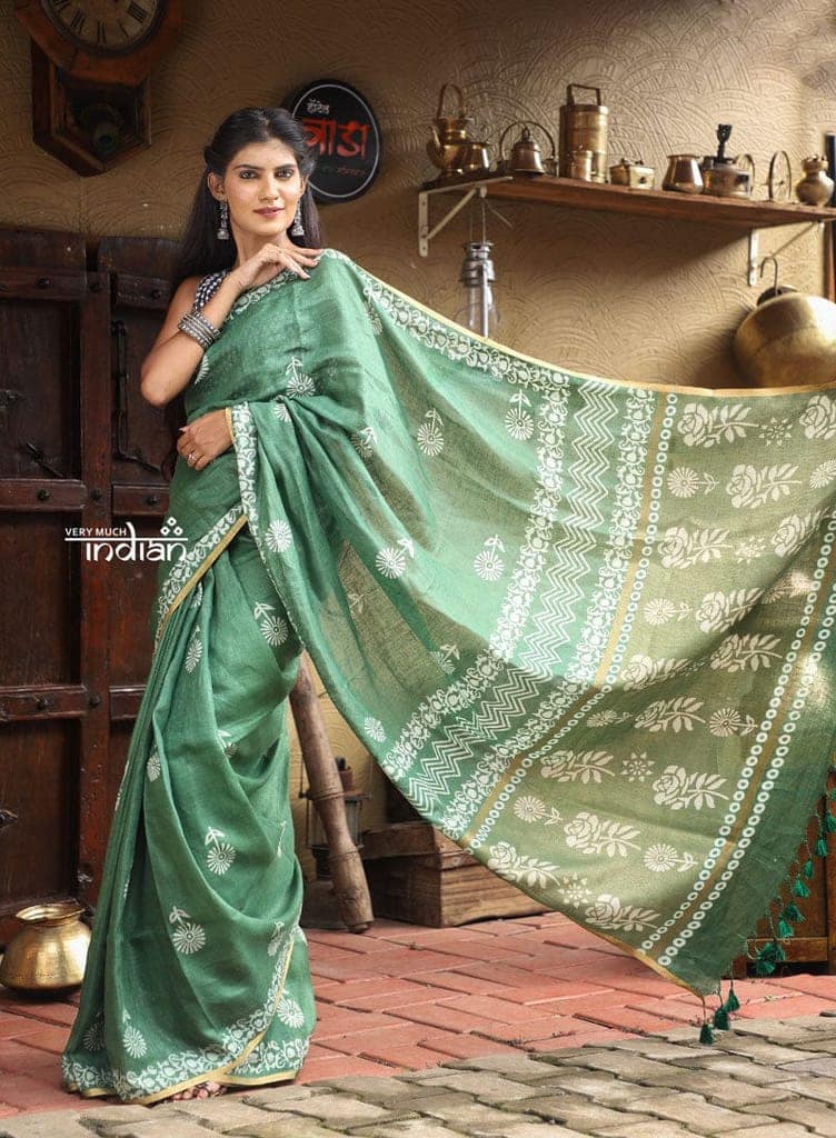 Utsaav ~ Pure Handmade Linen in Dark Green with Hand Block Printing, Delicate Small Border