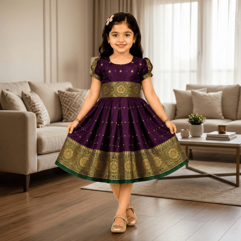 Mom and Me Baby Girl Satin Frock for Parties, Birthdays & Weddings | Elegant Toddler Dress with Balloon Sleeves & Zipper Closure | Age 0-2 Years (in, Age, 12 Months, 18 Months, Wine) view 3