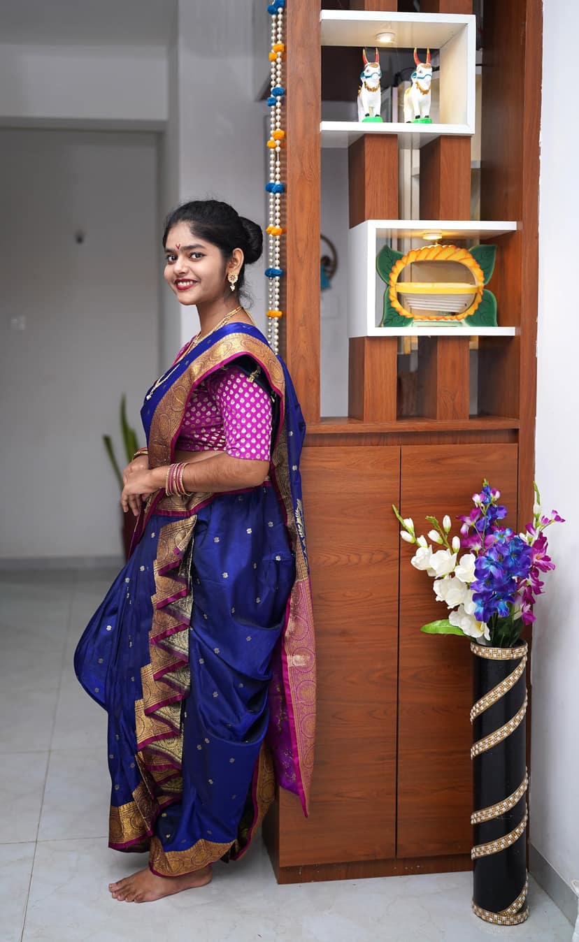 luster Women’s Shahi Mastani Ready-to-Wear Nauvari Saree with Blouse Piece, Satin Fabric with Cotton Lining, Free Size Traditional Maharashtrian Saree for Festivals, Weddings and Pooja view 2
