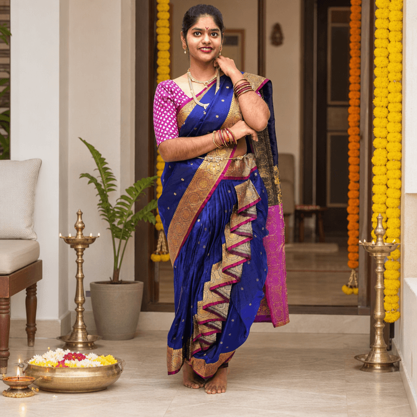 luster Women’s Shahi Mastani Ready-to-Wear Nauvari Saree with Blouse Piece, Satin Fabric with Cotton Lining, Free Size Traditional Maharashtrian Saree for Festivals, Weddings and Pooja view 3