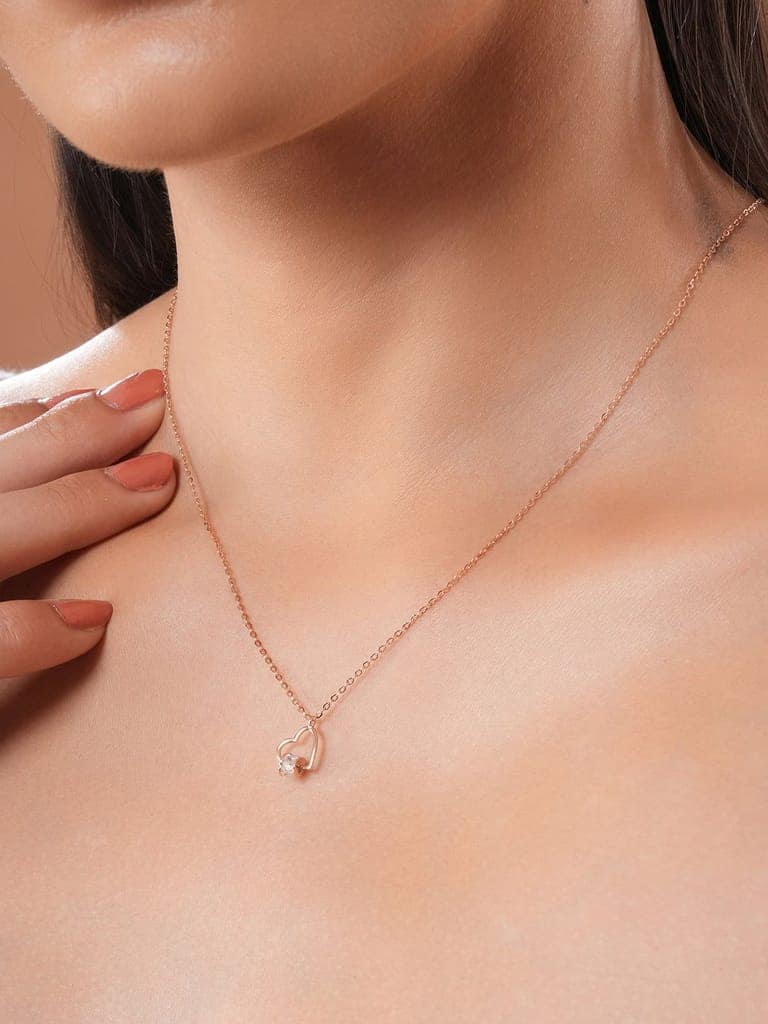 925 Sterling Silver CZ Studded Heart Shaped Minimal Pendant Necklace & Chain view 2