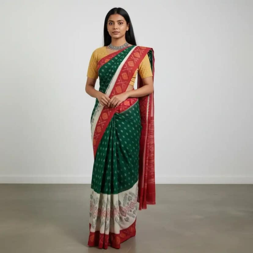 Pochampally Ikat Handloom Cotton Saree in Dark Teal Green and Red