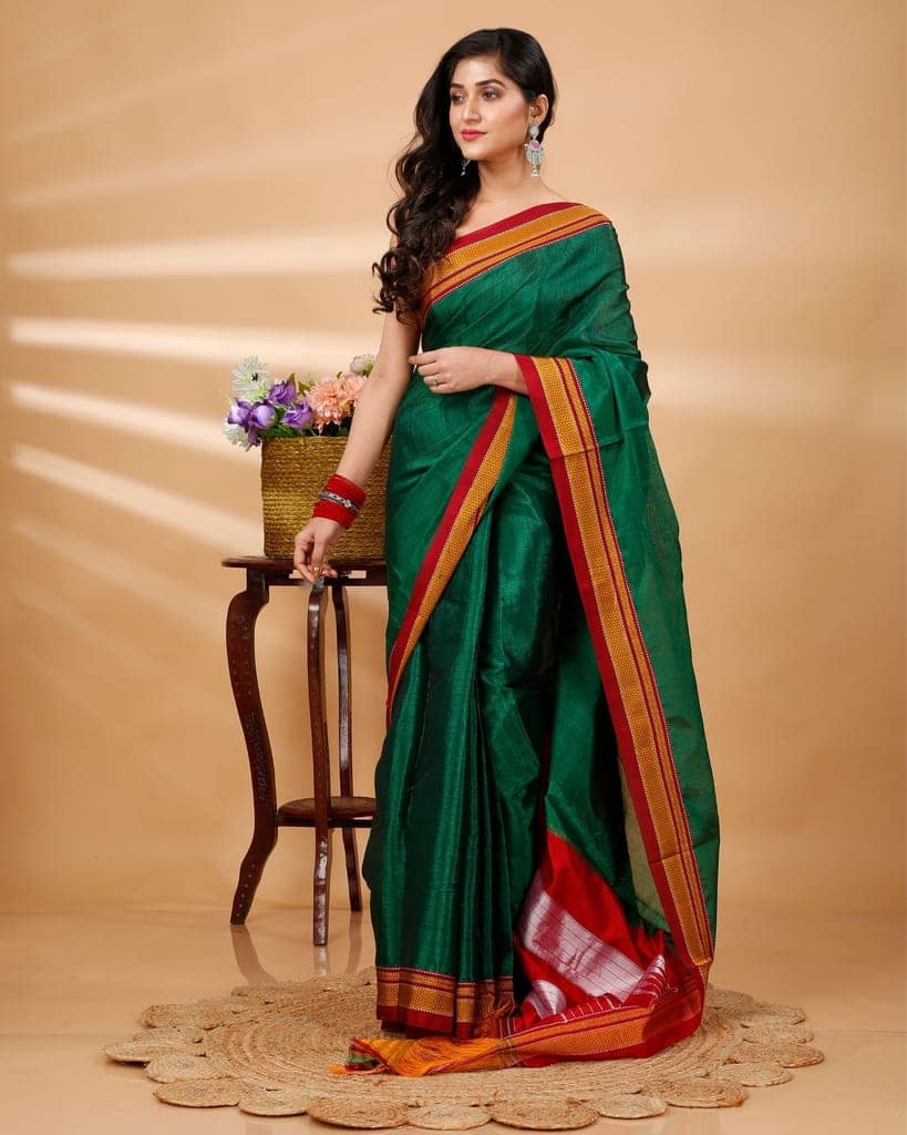 ILKAL Handloom Cotton Silk Saree Dark Green Color with running blouse-4601 view 3