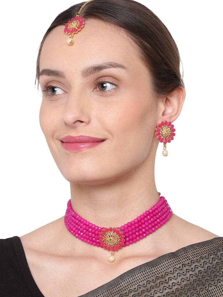Cardinal Magenta Color Onyx Multistring Gold Plated Brass Choker Necklace Set & Maang Tika