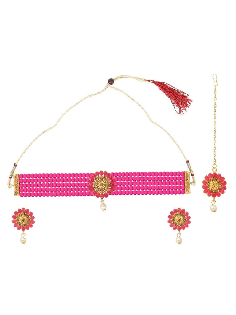 Cardinal Magenta Color Onyx Multistring Gold Plated Brass Choker Necklace Set & Maang Tika view 2