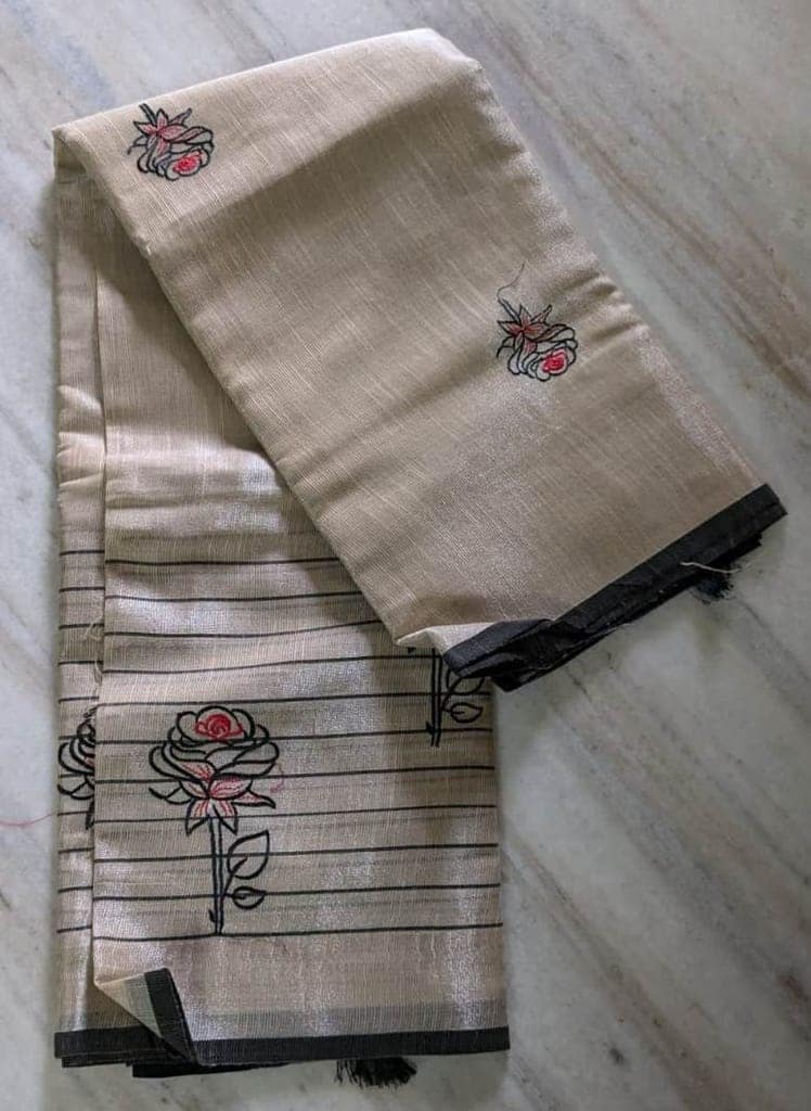 Beige Linen Saree With Floral Embroidery And Black Striped Border