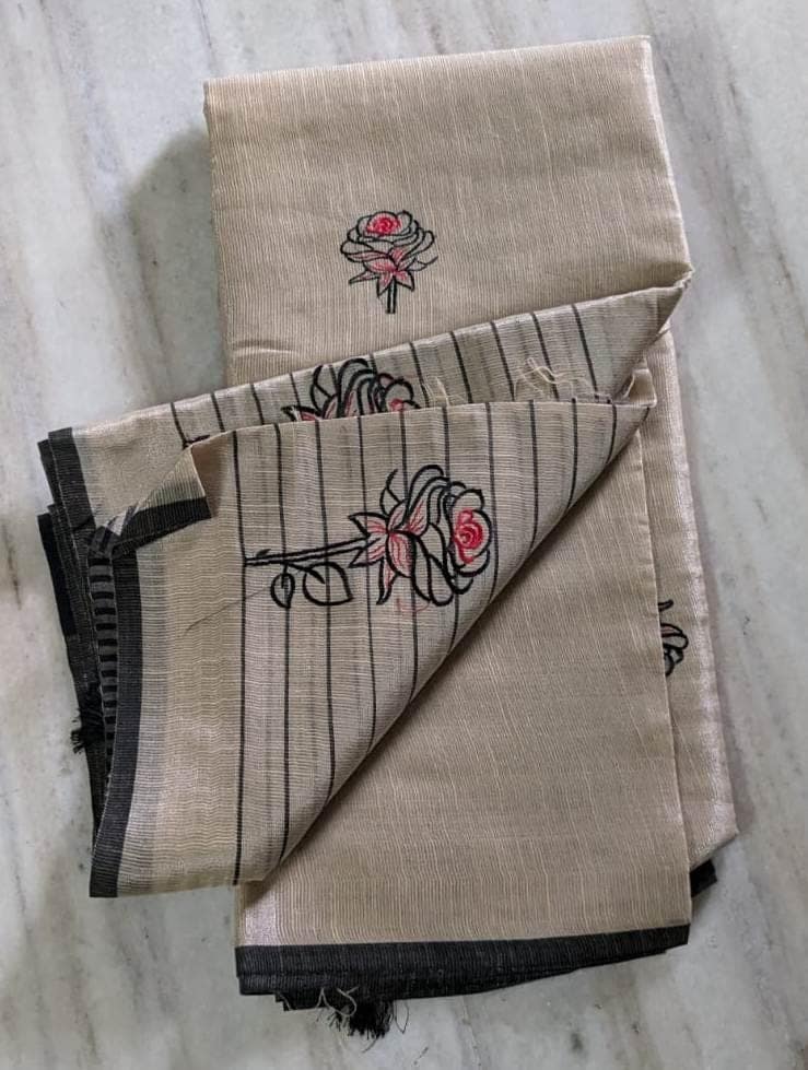 Beige Linen Saree With Floral Embroidery And Black Striped Border view 2