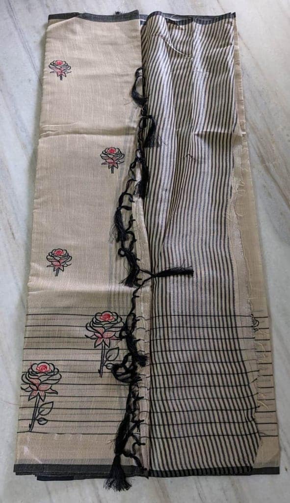 Beige Linen Saree With Floral Embroidery And Black Striped Border view 3