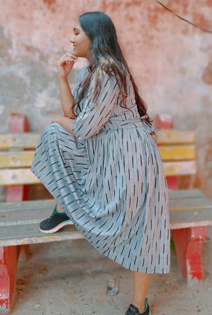 Pure Cotton Ikkat Dress Grey Chateau Colour (Size XXS(32) to Plus Size(56))-4693 view 2