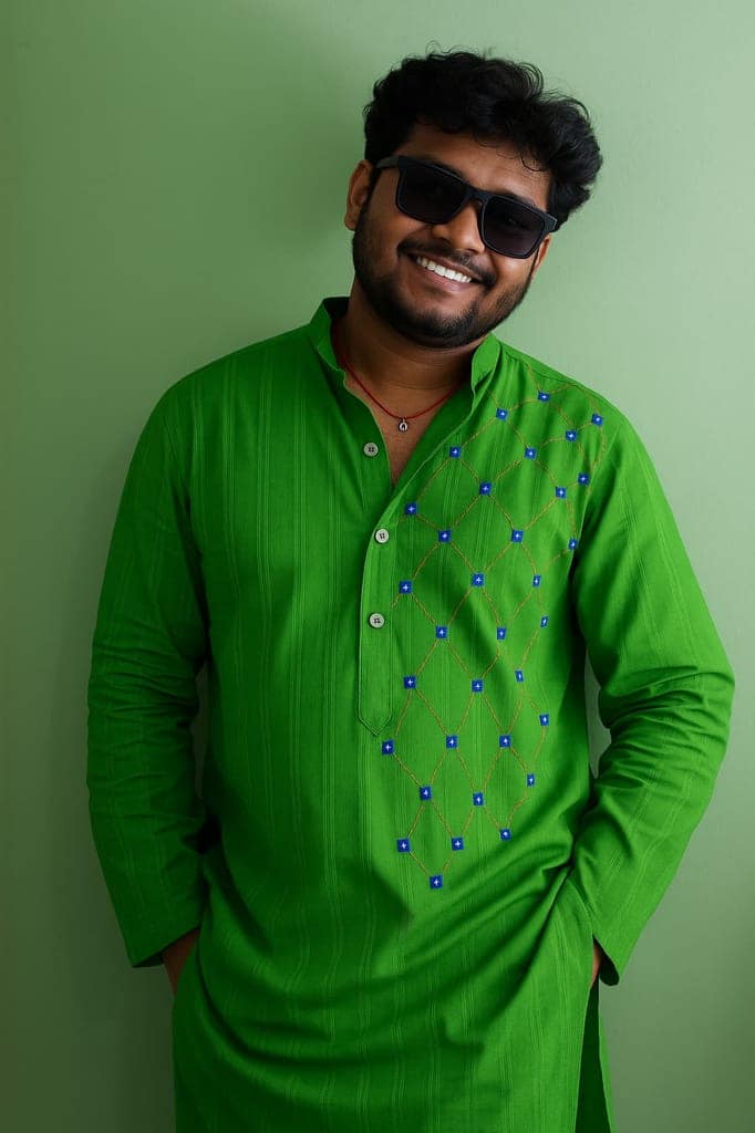 Green Kurta with Blue Embroidered for Men view 2