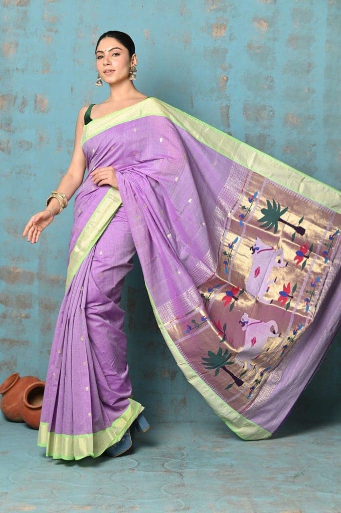 Tyohaar ~ Exclusive! Handloom Pure Cotton Paithani in Most Traditional Lilac with Pichwai Pallu