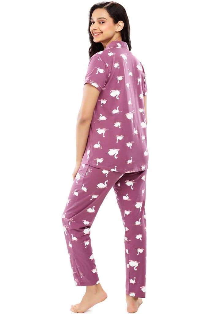 ZEYO Women's Cotton Brown Swan Printed Night suit set view 4