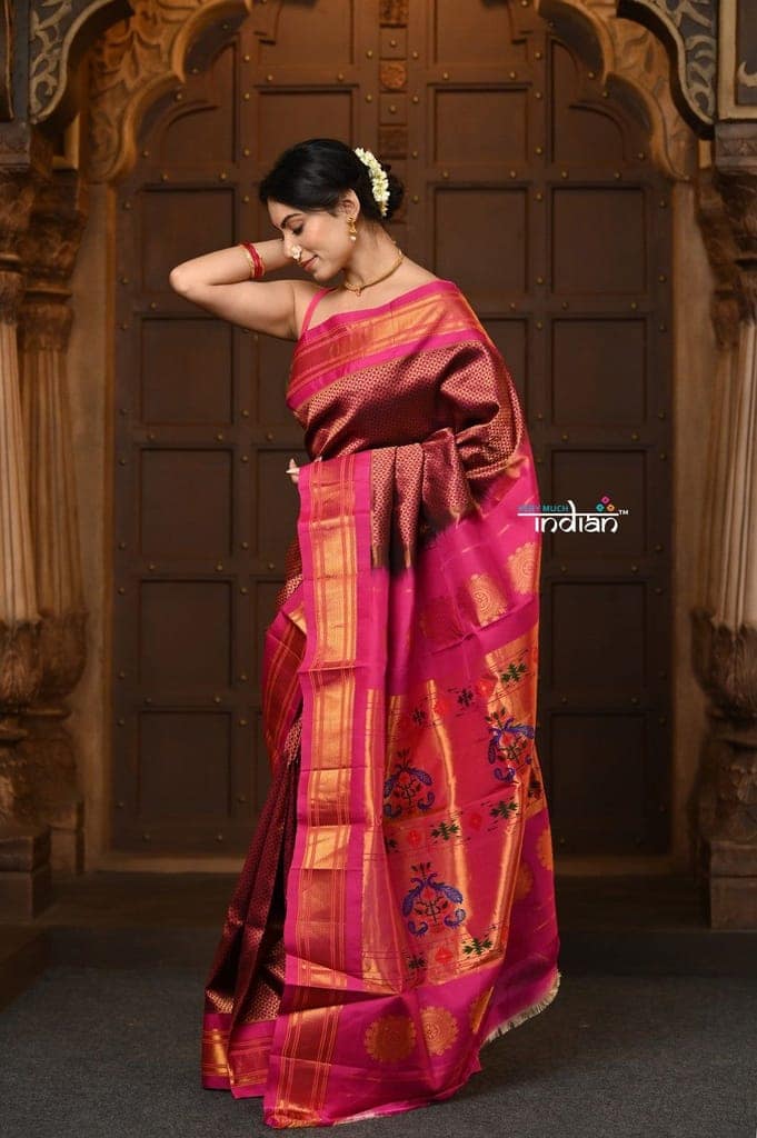 Parampara ~ Brocade Pure Silk Handloom Maharani Paithani - A Royal Weave of Elegance in Majestic Wine with Pink view 2