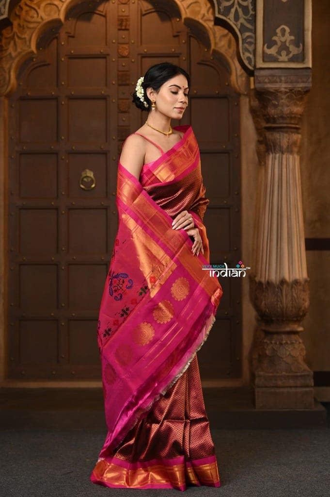 Parampara ~ Brocade Pure Silk Handloom Maharani Paithani - A Royal Weave of Elegance in Majestic Wine with Pink view 3