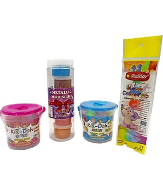 RABBIT'S Metallic Mud Slime Party Pack|+Kid Doh Neon & Glitter bucket|+Tempera Paints|6 Colorful Play Slime for Kids Boys Girls|Child Safe|Play Doh Slime for Kids|Combo includes Roller + Cutter|Age 3+