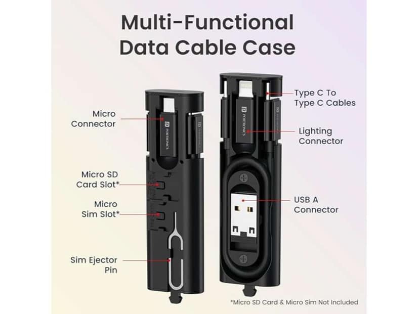 Portronics Snapcase 4 Type C to Type C Cable, Micro, 8 Pin, USB-A Extension, SD Card , Sim Card Slot, SIM Ejector Pin view 2