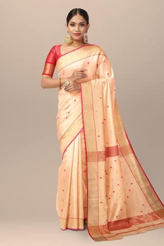 Cream Color Buti Handwoven Sausar Silk with Zari Border Saree SKU-BS10094