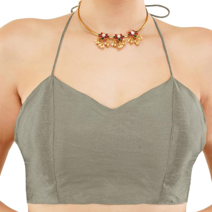 Designer Poly Dupion Silk Padded Blouse with Dori, Bollywood Choli Indian Ethnic Blouse (32, Grey) view 5