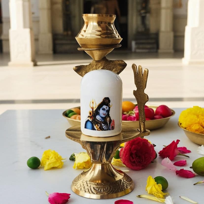 Brass Shivling With White Stone ? Size 0 Sacred Lingam, 3, Height : 3.8 Inch (ZMAS462 A)