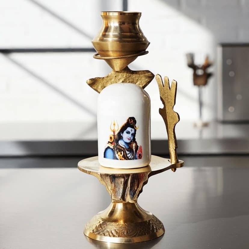 Brass Shivling With White Stone ? Size 0 Sacred Lingam, 3, Height : 3.8 Inch (ZMAS462 A) view 2
