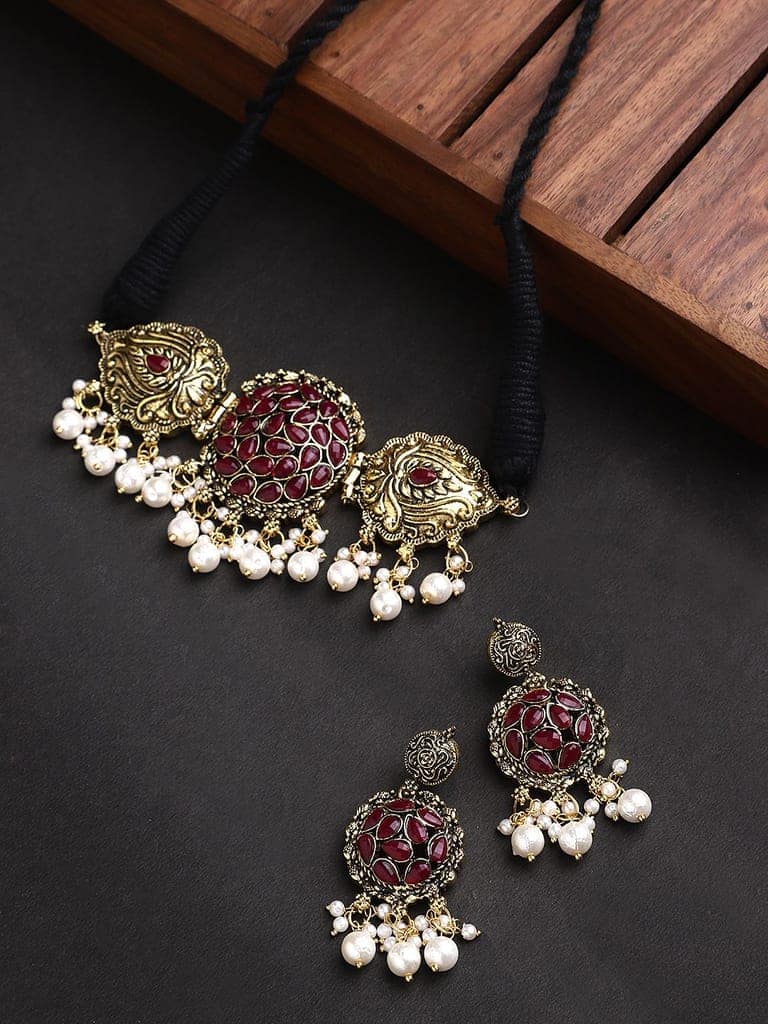 Cardinal Oxidized Gold Color Maroon Stone Choker Moti Necklace Set view 2