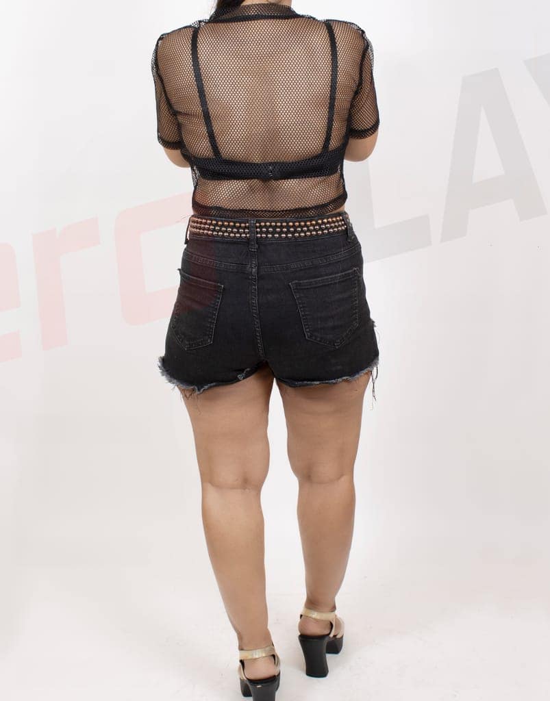 Oversize Off Shoulder See Through Half Sleeves Fishnet Cropped Western Cover up Top view 3