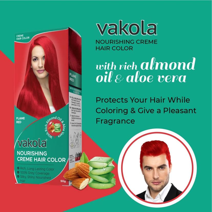 Vakola Permanent Hair Color - Flame Red, 100ml | 100% Grey Coverage | With Almond Oil & Aloe Vera | Smooth & Long-Lasting Shine view 6