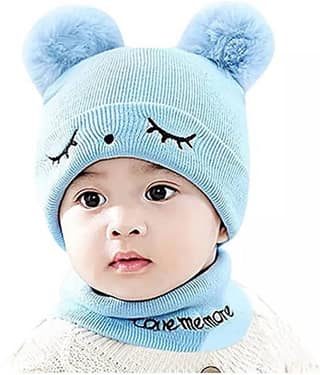 Valdez Woolen Warm Double Pom Pom Cap Beanie Hat and Muffler Winter Accessories for Baby Boys and Girls
