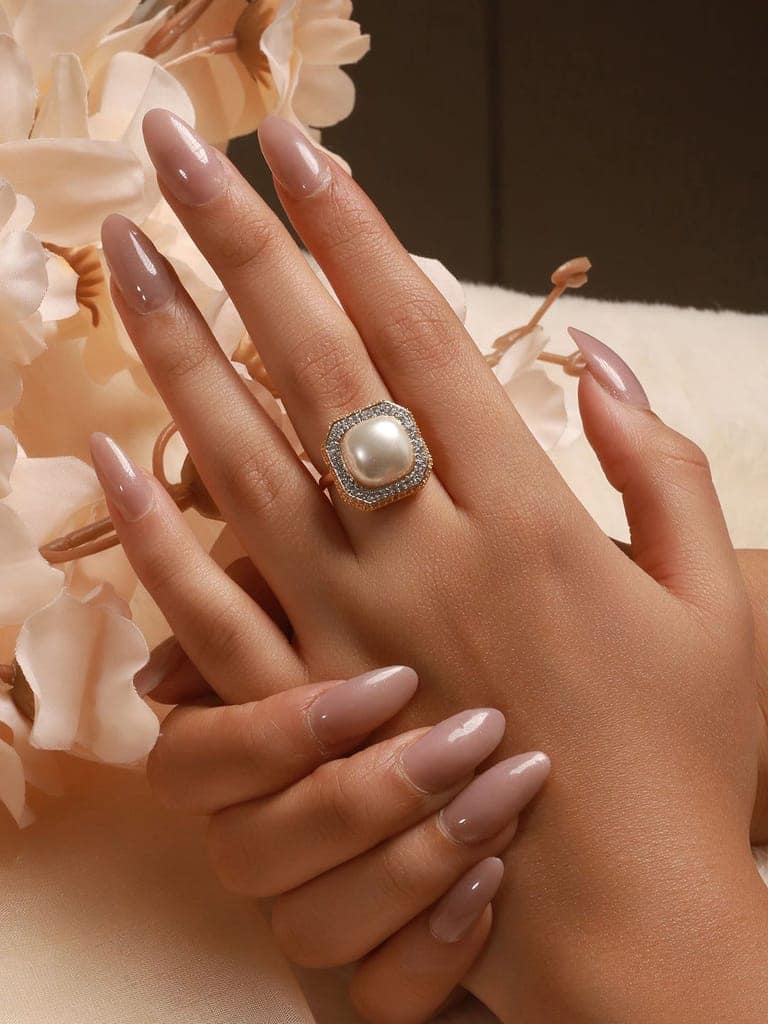 Gold Toned Off White Pearl Studded Engagement Luxe Square Adjustable Finger Rings view 2