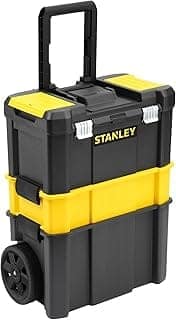 STANLEY STST1-80151 Essential Heavy-Duty Portable Stackable 3-in-1 Rolling Workshop, 20 Kg Weight Capacity, Removable Large 18” Bin & Middle Tote Tray For Organized Storage, 7" Wheels, 47.5x63x28.3 cm