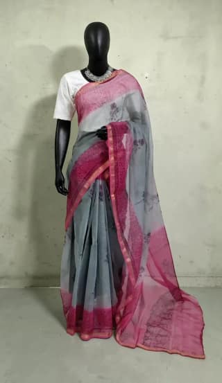 Handloom Kota Doria Saree with Block Print and Zari Border