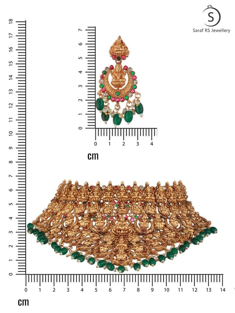 Gold Plated Intricate Temple Design Dangling Green Beads Choker Jewellery Set view 10