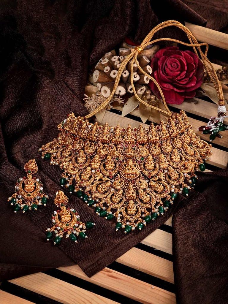 Gold Plated Intricate Temple Design Dangling Green Beads Choker Jewellery Set view 2
