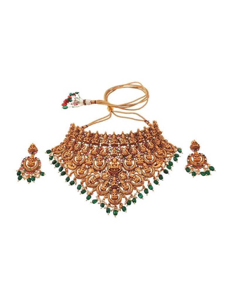 Gold Plated Intricate Temple Design Dangling Green Beads Choker Jewellery Set view 3