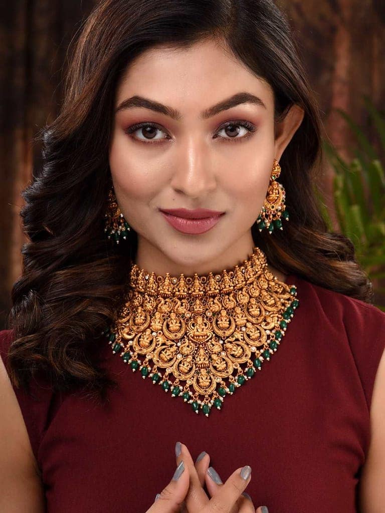 Gold Plated Intricate Temple Design Dangling Green Beads Choker Jewellery Set view 7