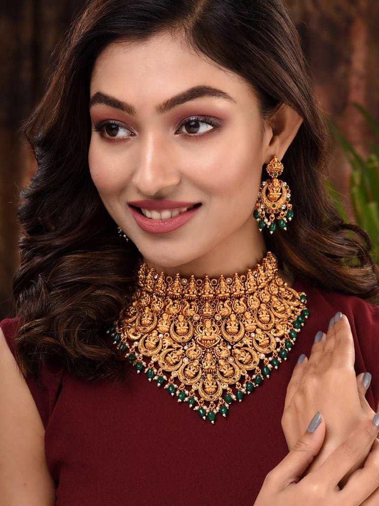 Gold Plated Intricate Temple Design Dangling Green Beads Choker Jewellery Set view 8
